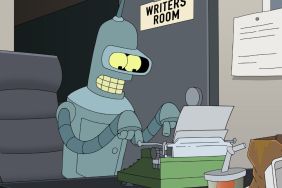 Bender using a typewriter while sitting at a desk