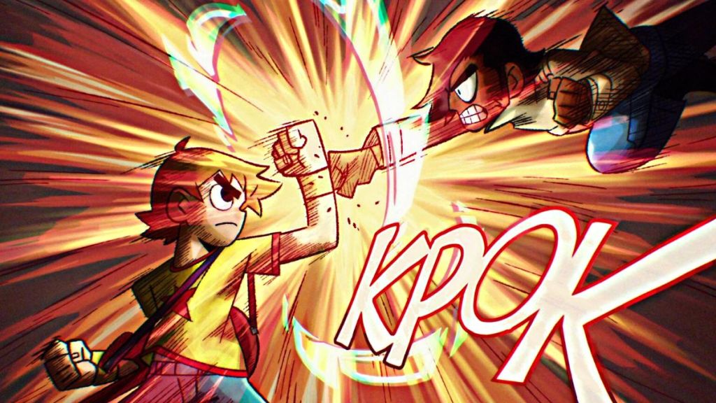 Scott Pilgrim blocking a punch with his wristband