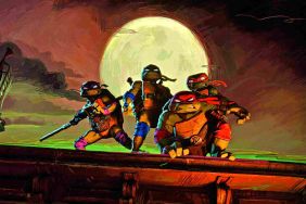 The TMNT on a rooftop looking fearsome in Mutant Mayhem