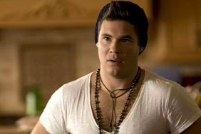 Adam Devine in a deep V-neck shirt