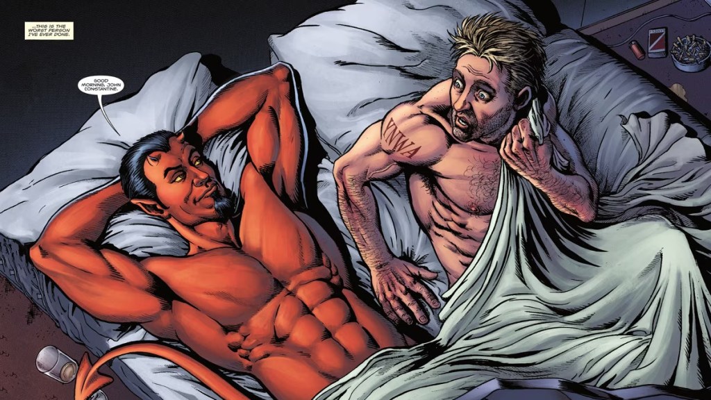 John Constantine in bed with Lucifer from Hellblazer Rise and Fall