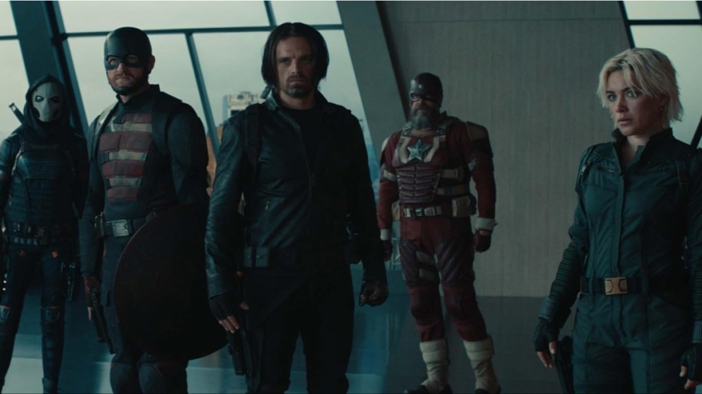The Thunderbolts stand in a room.