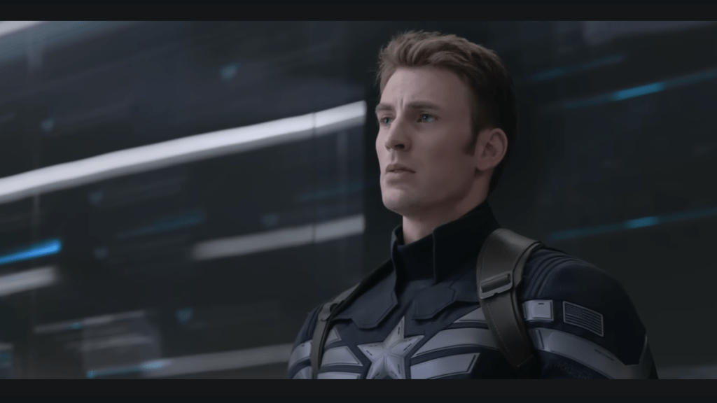 A close-up of Captain America in the Winter Soldier.