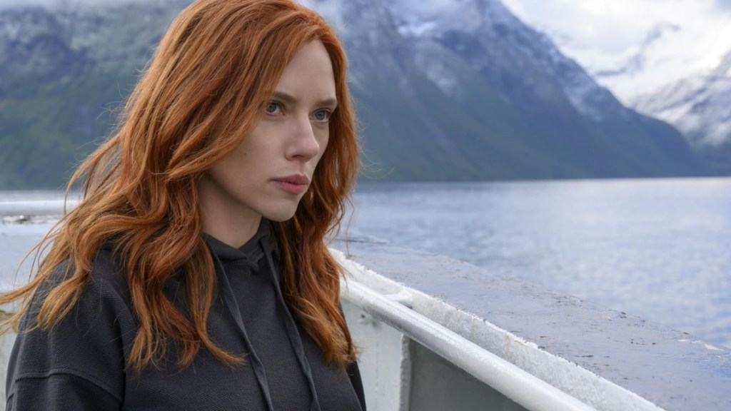 Scarlett Johansson stares as Natasha Romanoff in Black Widow.