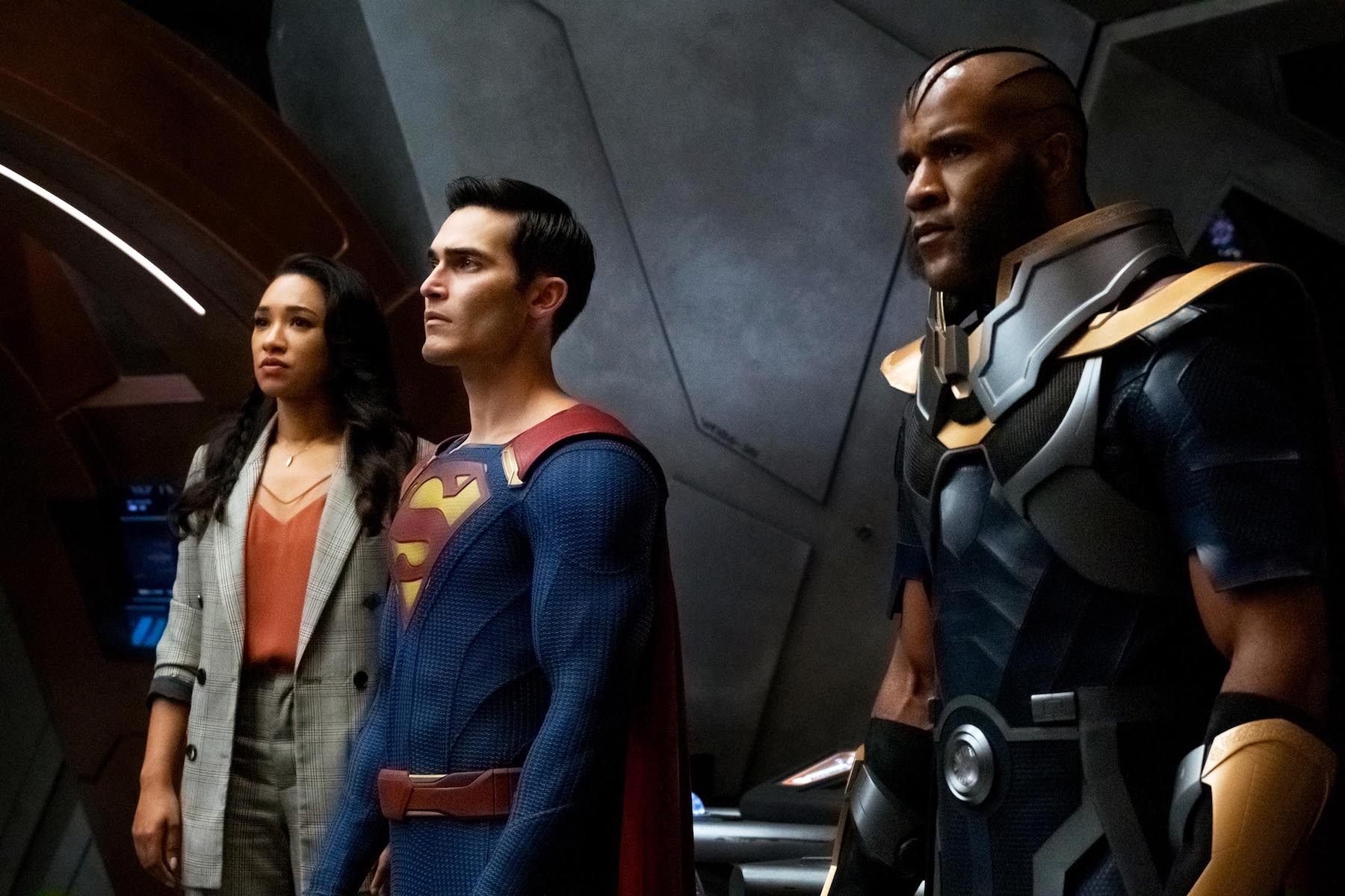 Candice Patton as Iris West-Allen, Tyler Hoechlin as Superman and LaMonica Garret as The Monitor