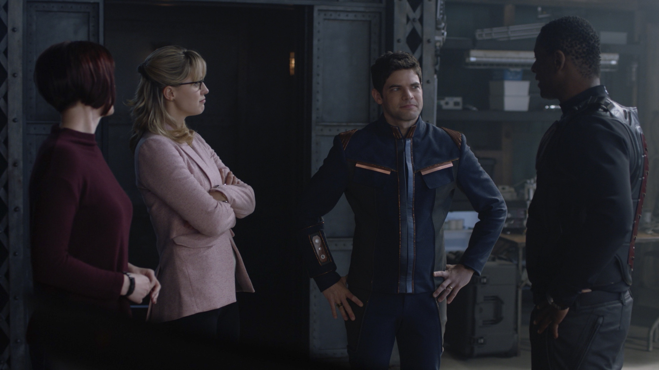 Chyler Leigh as Alex Danvers, Melissa Benoist as Kara/Supergirl, Jeremy Jordan as Winn Schott and David Harewood as Hank Henshaw