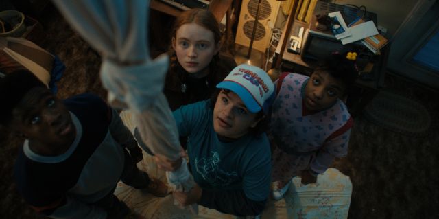 Things are looking up for Lucas (Caleb McLaughlin), Max (Sadie Sink), Dustin (Gaten Matarazzo), and Erica (Priah Ferguson).