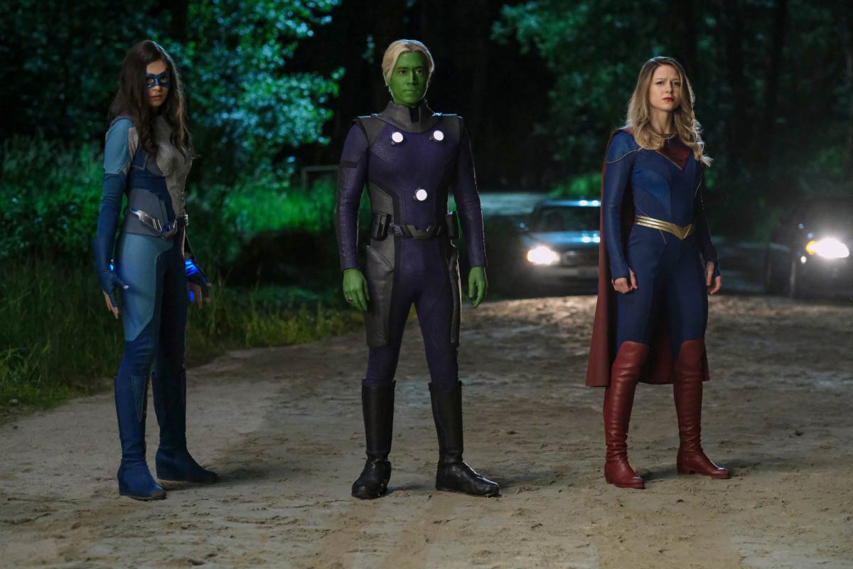 Nicole Maines as Dreamer, Jesse Rath as Brainiac 5 and Melissa Benoist as Supergirl