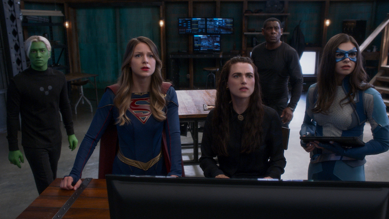 Jesse Rath as Brainiac-5, Melissa Benoist as Supergirl, Katie McGrath as Lena Luthor, Nicole Maines as Dreamer, and David Harewood as J'onn J'onzz 